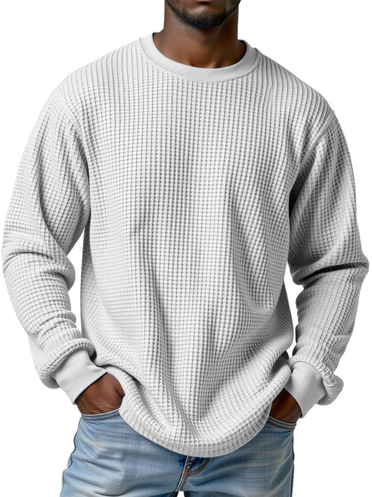 Men's Casual Solid Color Waffle Round Neck Long Sleeve T-shirt