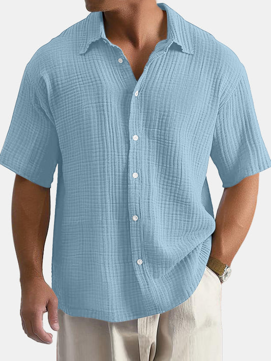 Men's Cotton Hawaiian Summer Comfortable Solid Color Short Sleeve Shirt