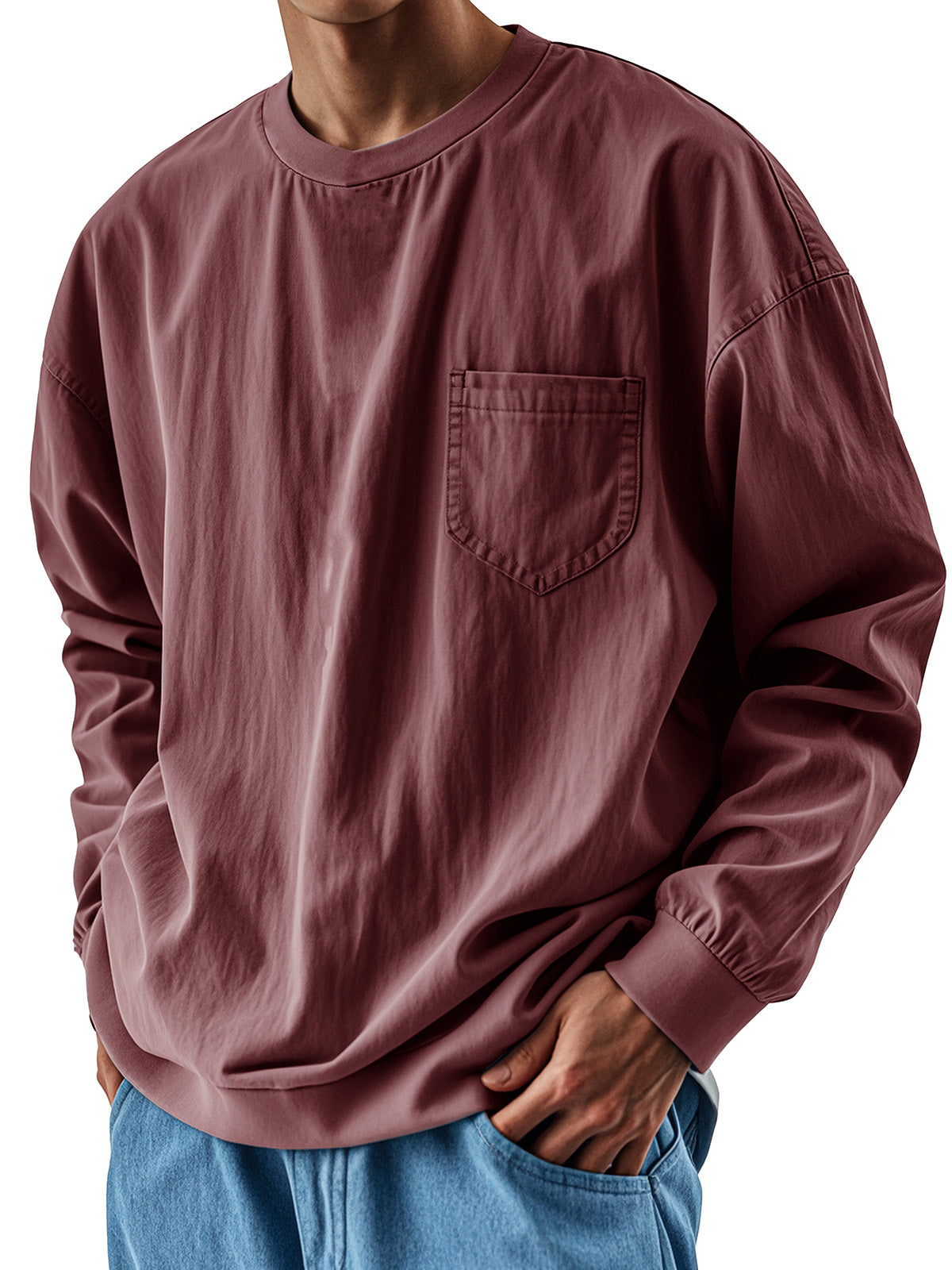 Men's Fashionable Round Neck Casual Pocket Long Sleeve Top
