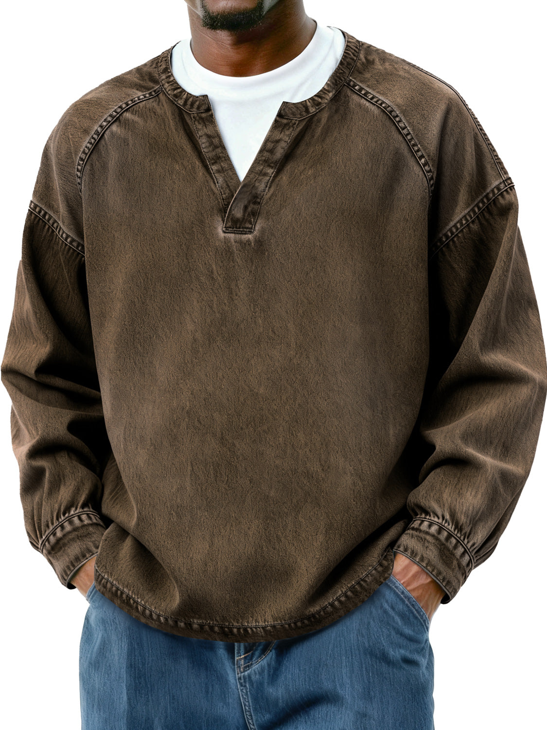 Men's Retro Faux Two-Piece Raglan Patchwork Casual Long-Sleeve T-Shirt