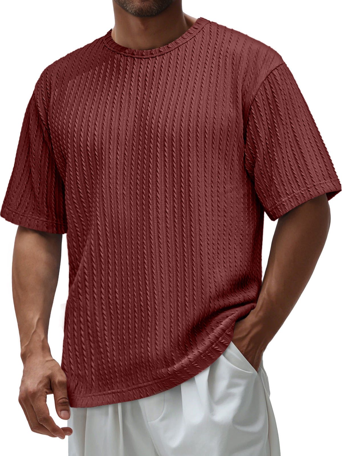 Men's Daily Round Neck Jacquard Texture Casual Solid Color Short-sleeved T-shirt
