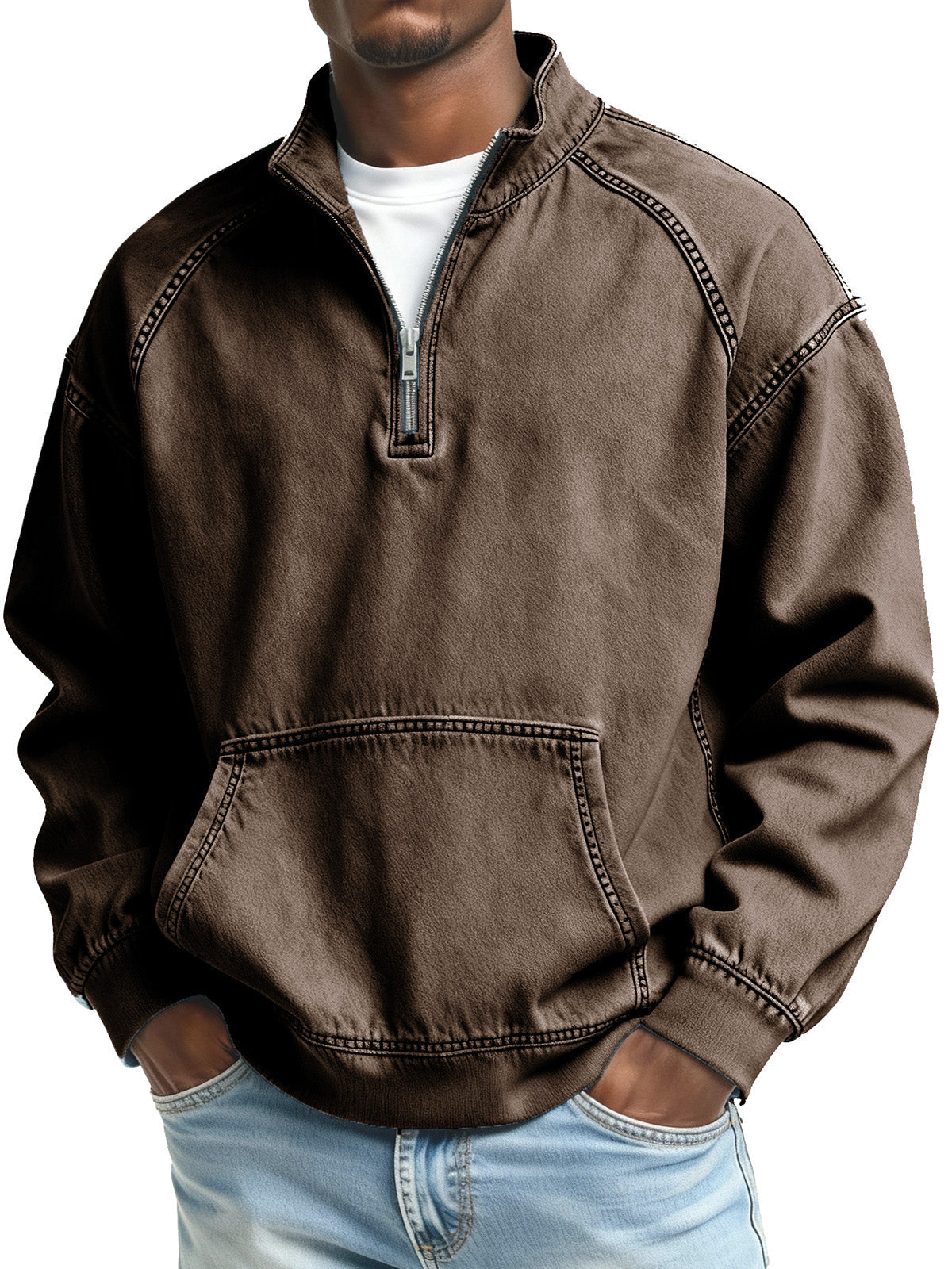 Men's Fashionable Retro Stand Collar Raglan Pocket Long Sleeve Top