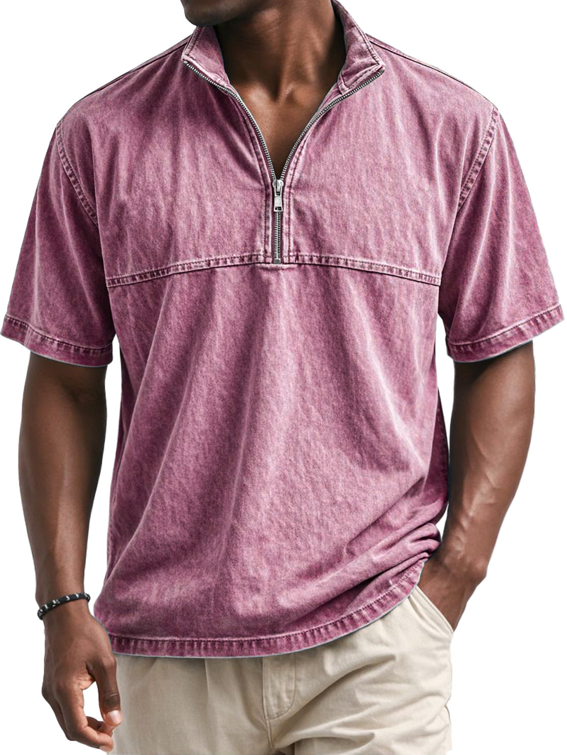 Men's Vintage Stand-collar Short-sleeved T-shirt With Zipper And Panel Design
