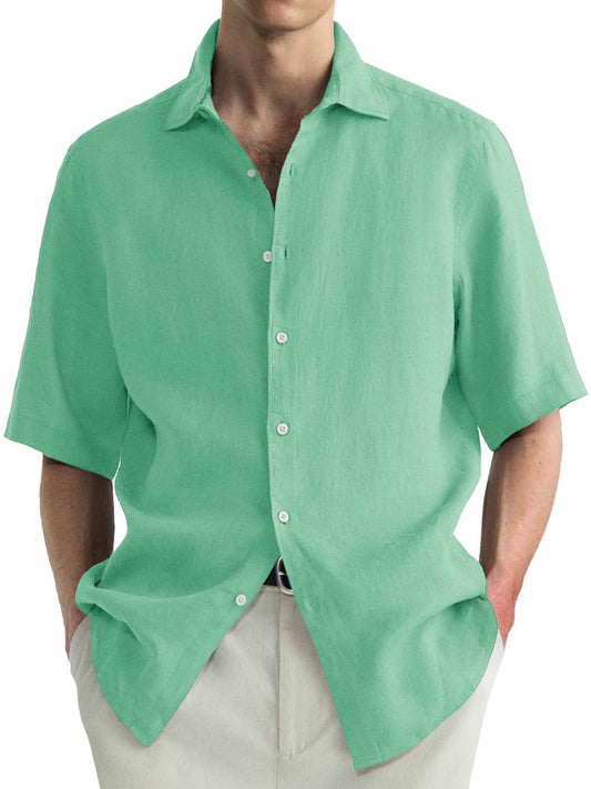 Men's Cotton Hawaiian Summer Comfortable Casual Basic Solid Color Short Sleeve Shirt
