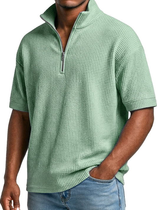 Men's Waffle-knit Simple Stand-collar Zip-up Casual Short-sleeved T-shir