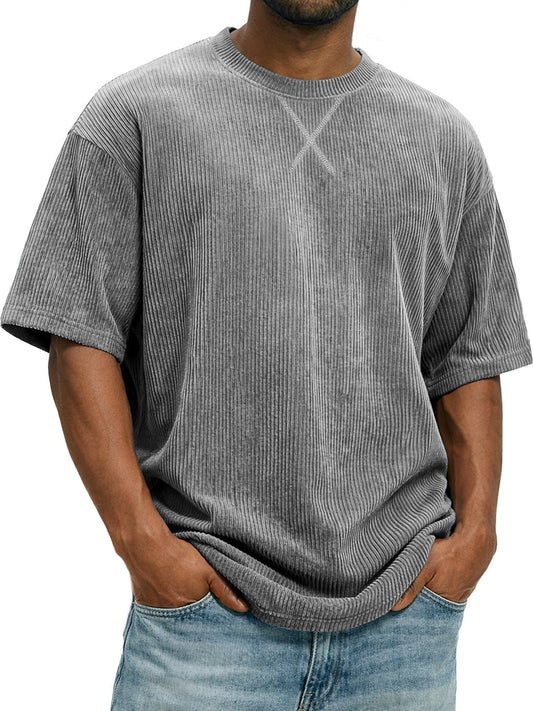 Men's Vintage Corduroy Short-sleeved T-shirt With Cross-stitch Design