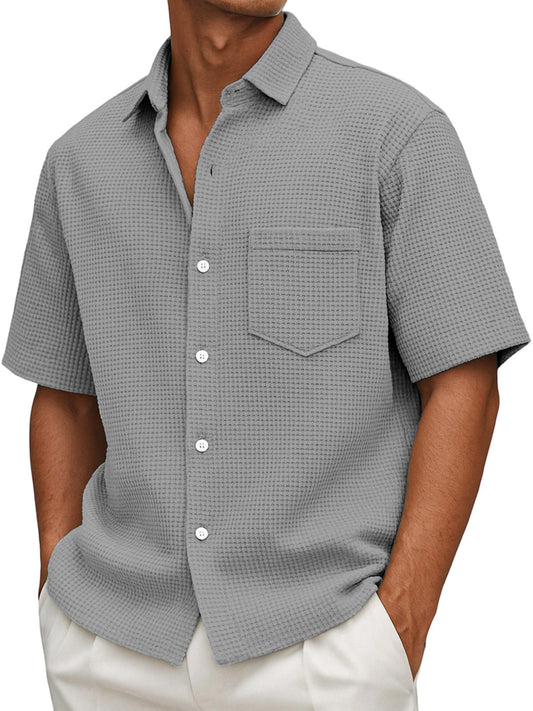 Men's Loose Casual Waffle Solid Color Button Short Sleeve Shirt