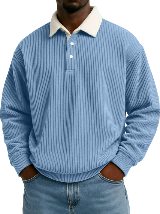 Men's Solid Color Vertical Strip Texture Contrast Color Long Sleeve Lapel Sweatshirt