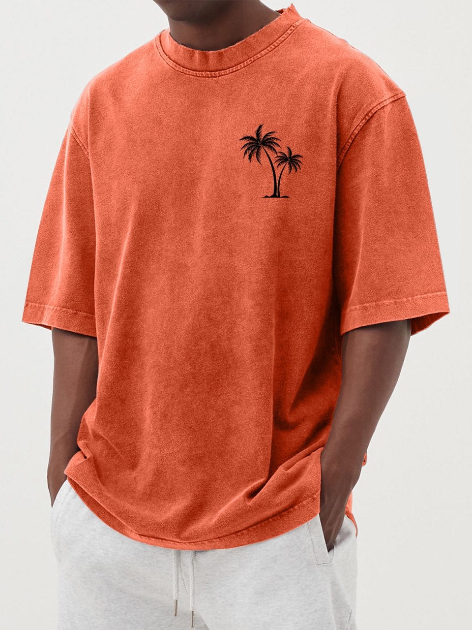 Men's Cotton Washed Distressed Palm Tree Print Short Sleeved Round Neck T-shirt