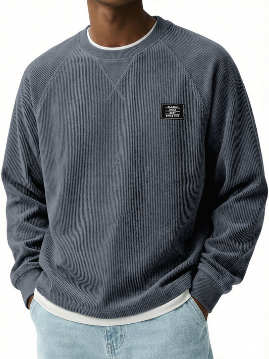 Corduroy Raglan Crew Neck Pullover Top with Stitched Embroidery Design