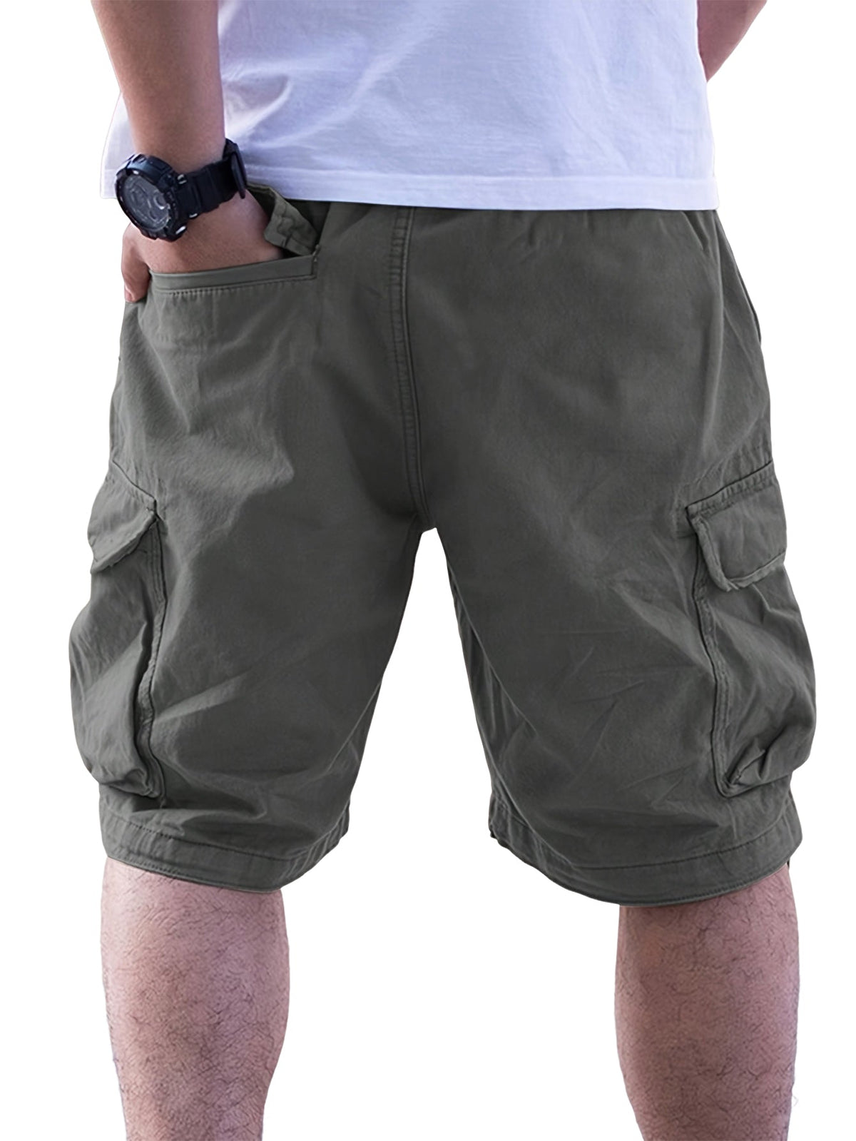 Men's Casual Loose-Fit Cargo Shorts with Multiple Pockets Solid Color Mid-Rise Elastic Waist Drawstring