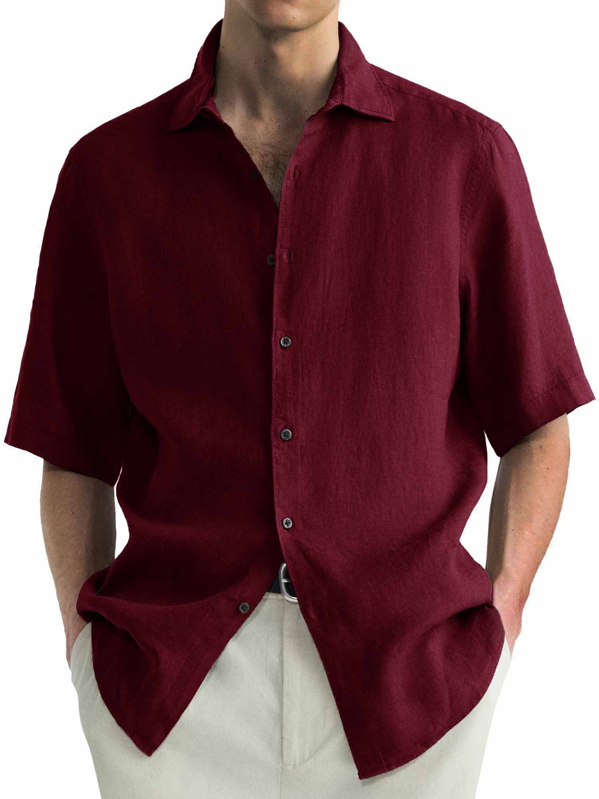 Men's Cotton Hawaiian Summer Comfortable Casual Basic Solid Color Short Sleeve Shirt
