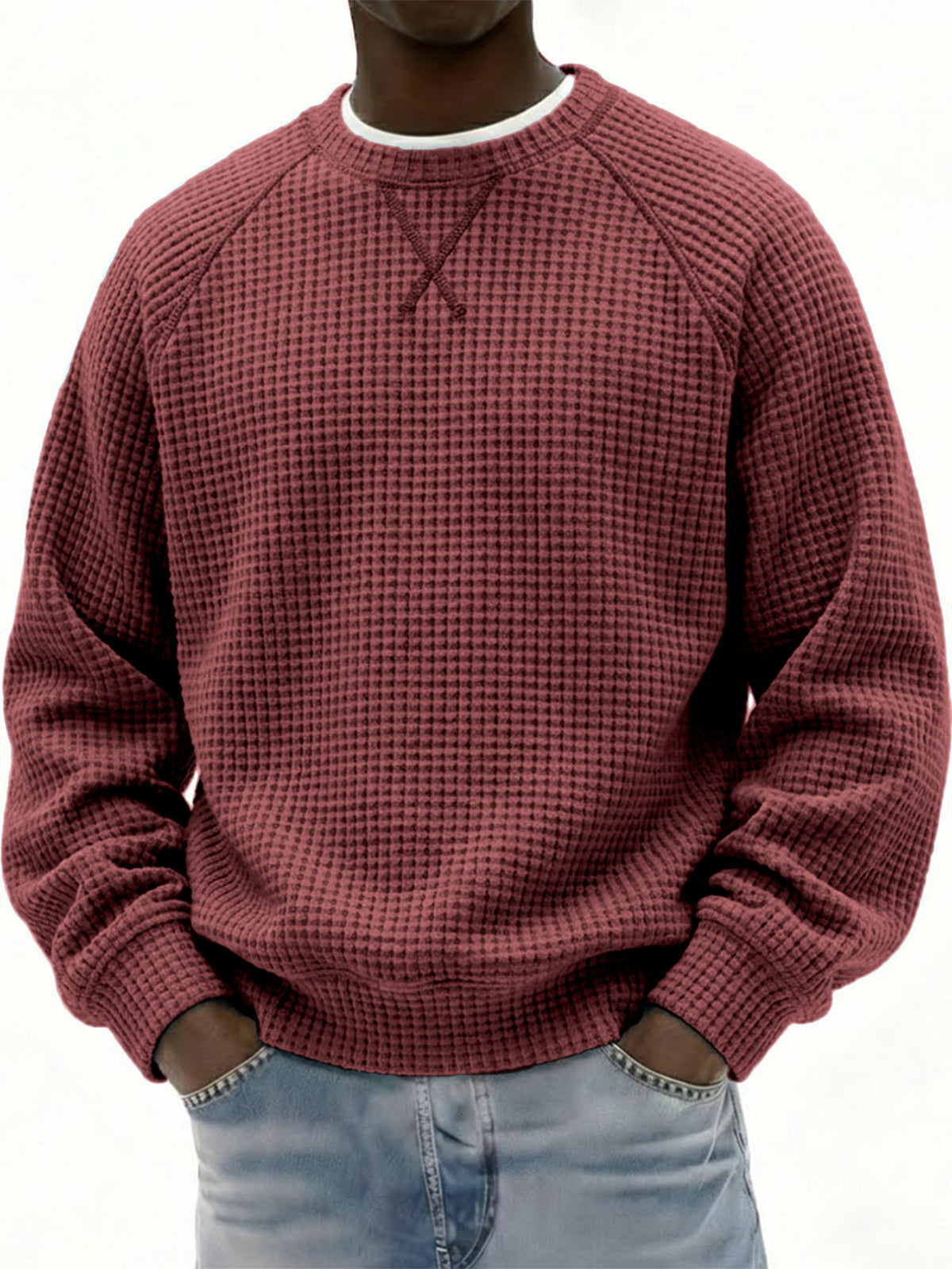 Men's Breathable Waffle Texture Patchwork Design Raglan Minimalist Pullover Top