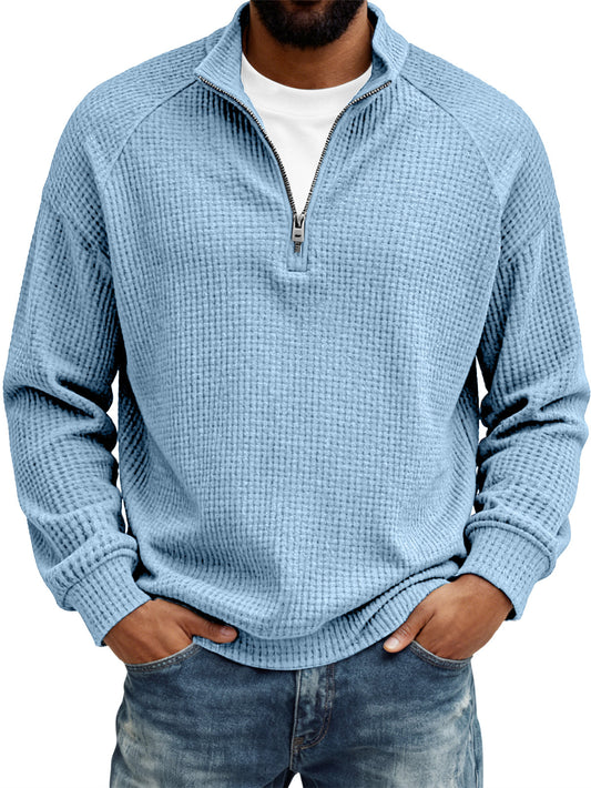 Men's Retro Casual Waffle Fabric Raglan Sleeve Quarter-Zip Long-Sleeve T-Shirt