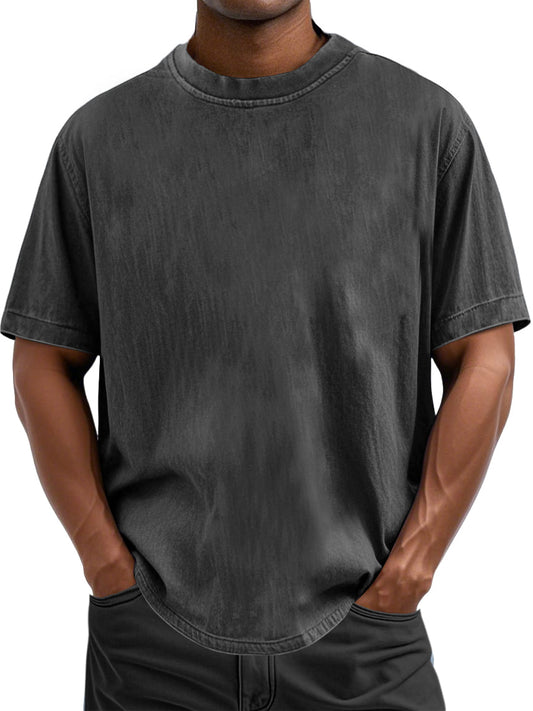 Men's 100% Cotton Casual Basic Versatile Washed Distressed Retro Short-sleeved T-shirt