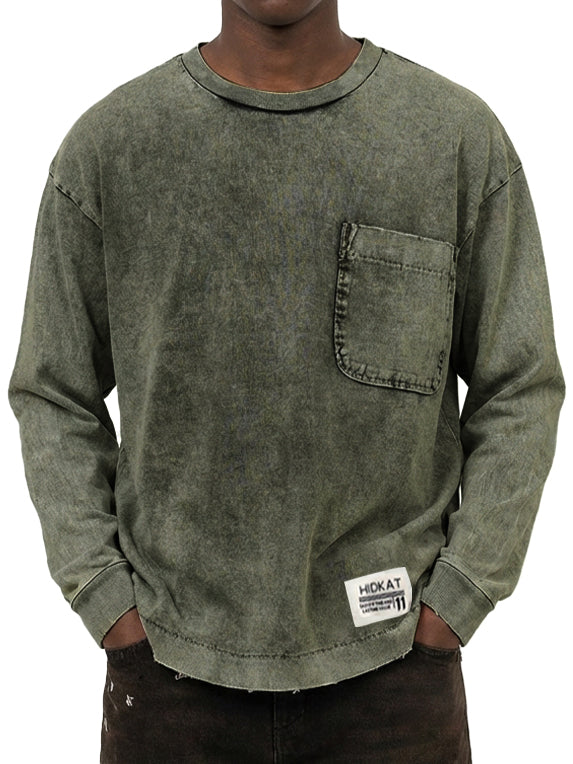 Men's Vintage Washed And Distressed Cotton Long Sleeved T-shirt