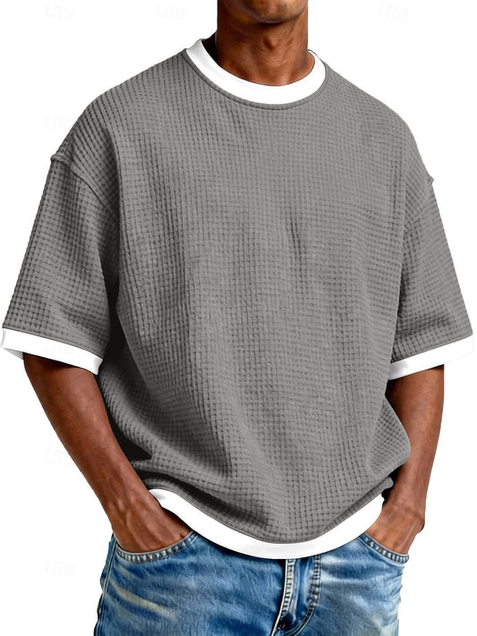 Men's Casual And Stylish Waffle-knit Color-block Crew Neck T-shirt