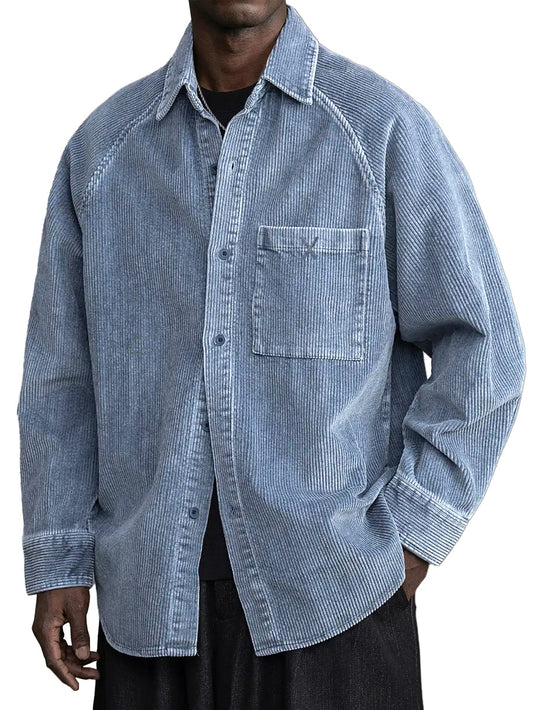 Men's Casual Vintage Pocket X Embroidered Corduroy Long Sleeved Shirt