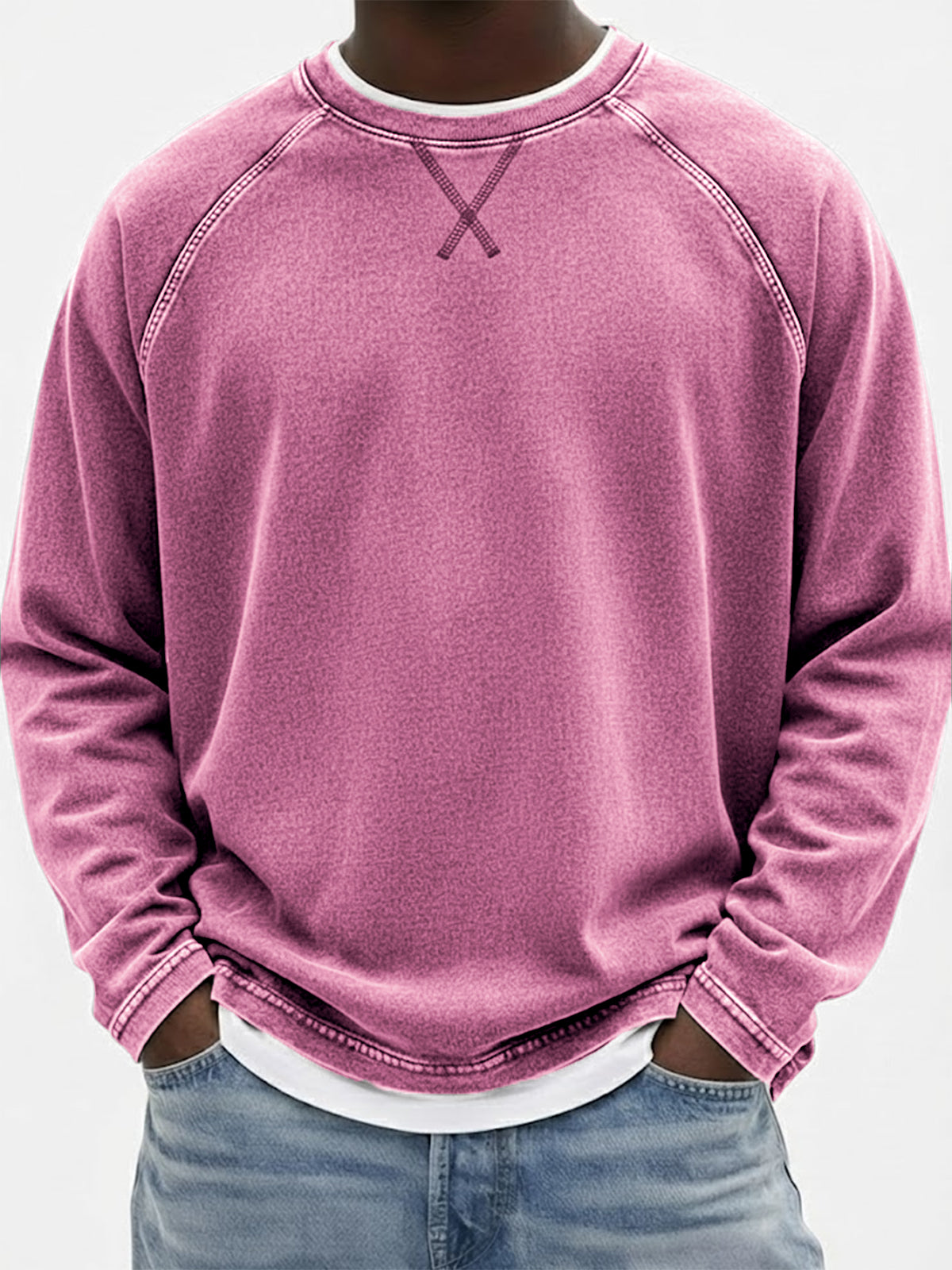 Men's Vintage Dyed Raglan Embroidered Patchwork Pullover Casual T-Shirt