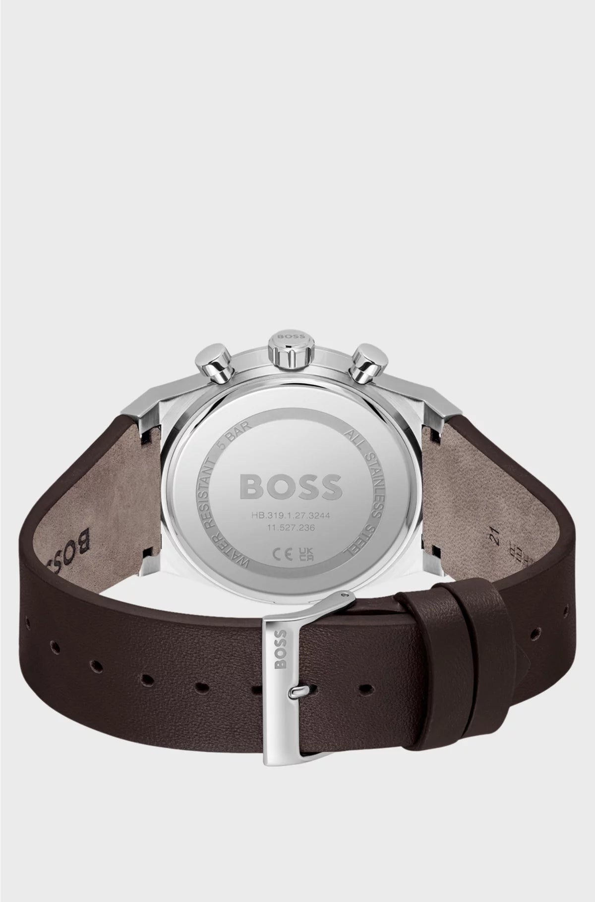 SILVER-TONE CHRONOGRAPH WATCH WITH BROWN LEATHER STRAP