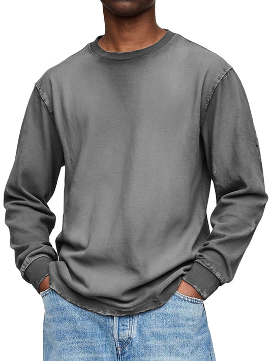 Men's Vintage Washed And Distressed Cotton Crew Neck Long Sleeved T-shirt