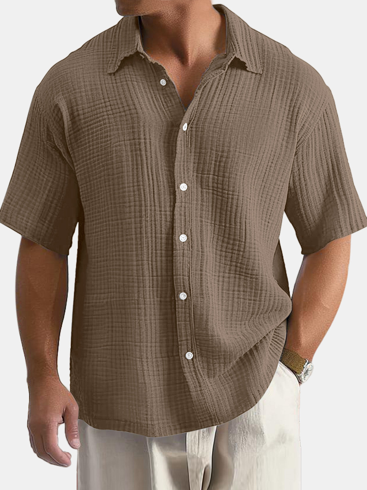 Men's Cotton Hawaiian Summer Comfortable Solid Color Short Sleeve Shirt