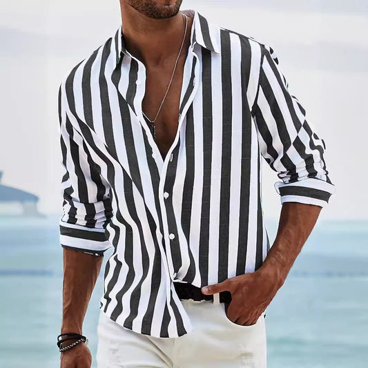 Men's Striped Print Shirt Casual Loose Long-sleeved Shirt