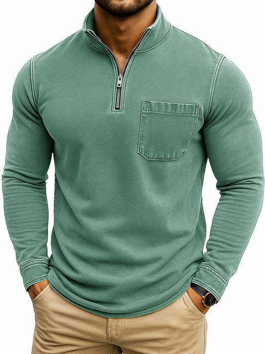 Men's Retro Casual Washed Distressed Quarter Zip Pocket Long Sleeve T-Shirt