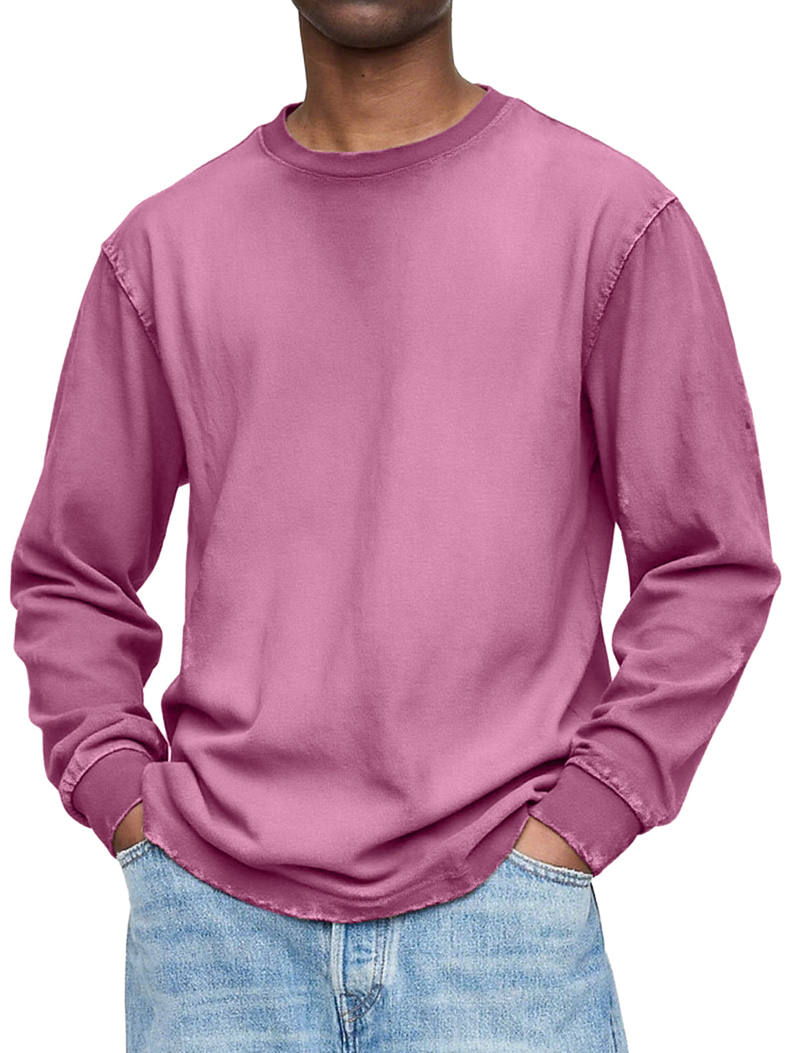 Men's Vintage Washed And Distressed Cotton Crew Neck Long Sleeved T-shirt
