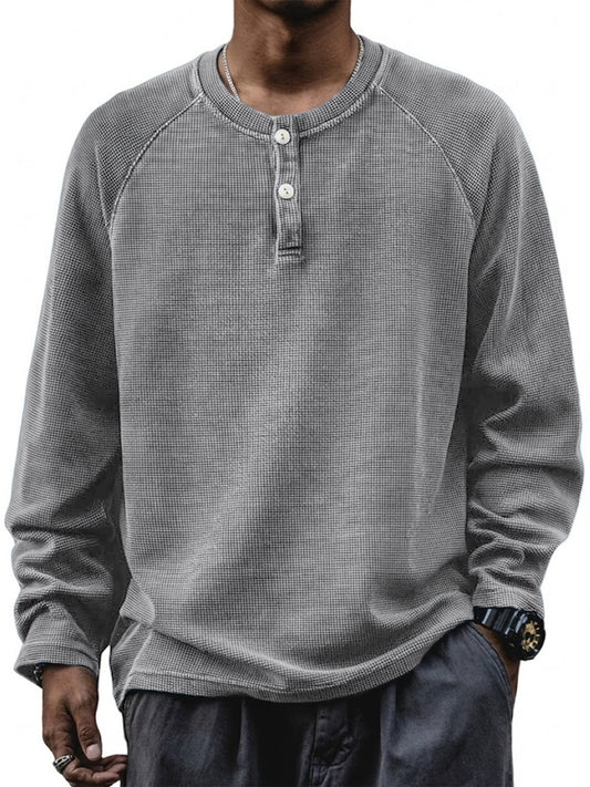 Men's Retro Waffle Raglan Loose Pullover Long Sleeve Henley Shirt
