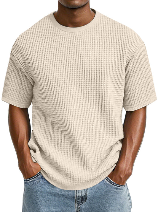 Men's Casual Simple Cotton Waffle Round Neck Short Sleeve T-Shirt