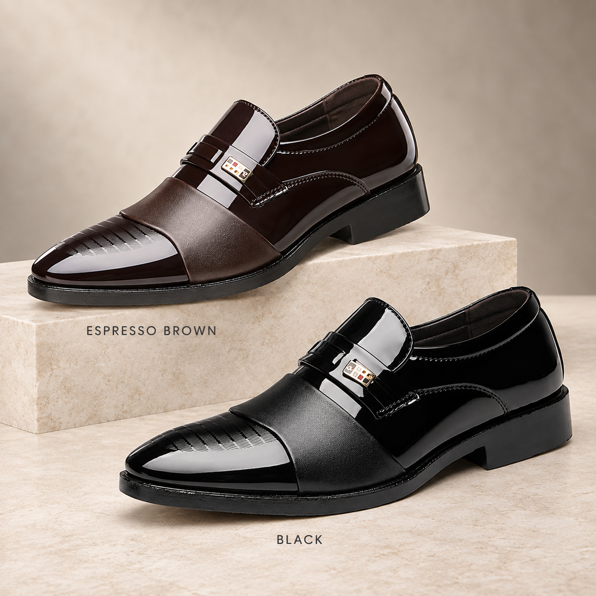 Men’s High-Shine Slip-On Dress Shoes | Black & Espresso Brown