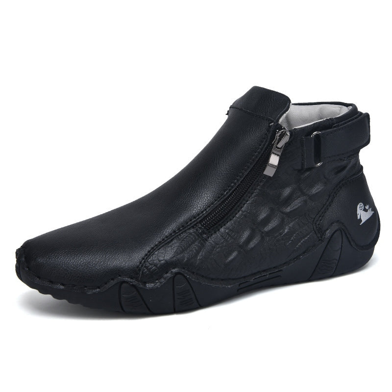Men’s Genuine Leather Zipper Boots – Casual Slip-On High-Top Boots
