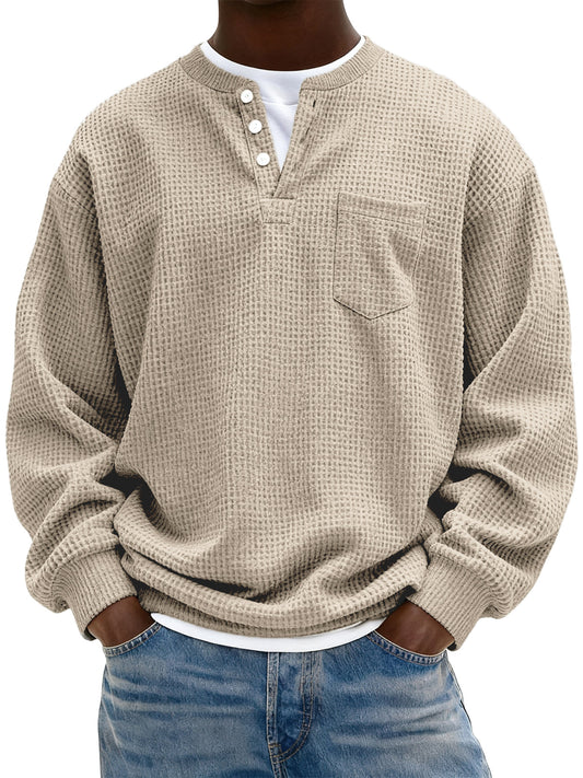 Men's Simple Waffle Henley Pullover with Chest Pocket