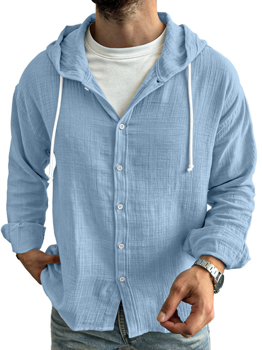 Men's simple casual comfortable loose buttoned hooded long sleeve shirt
