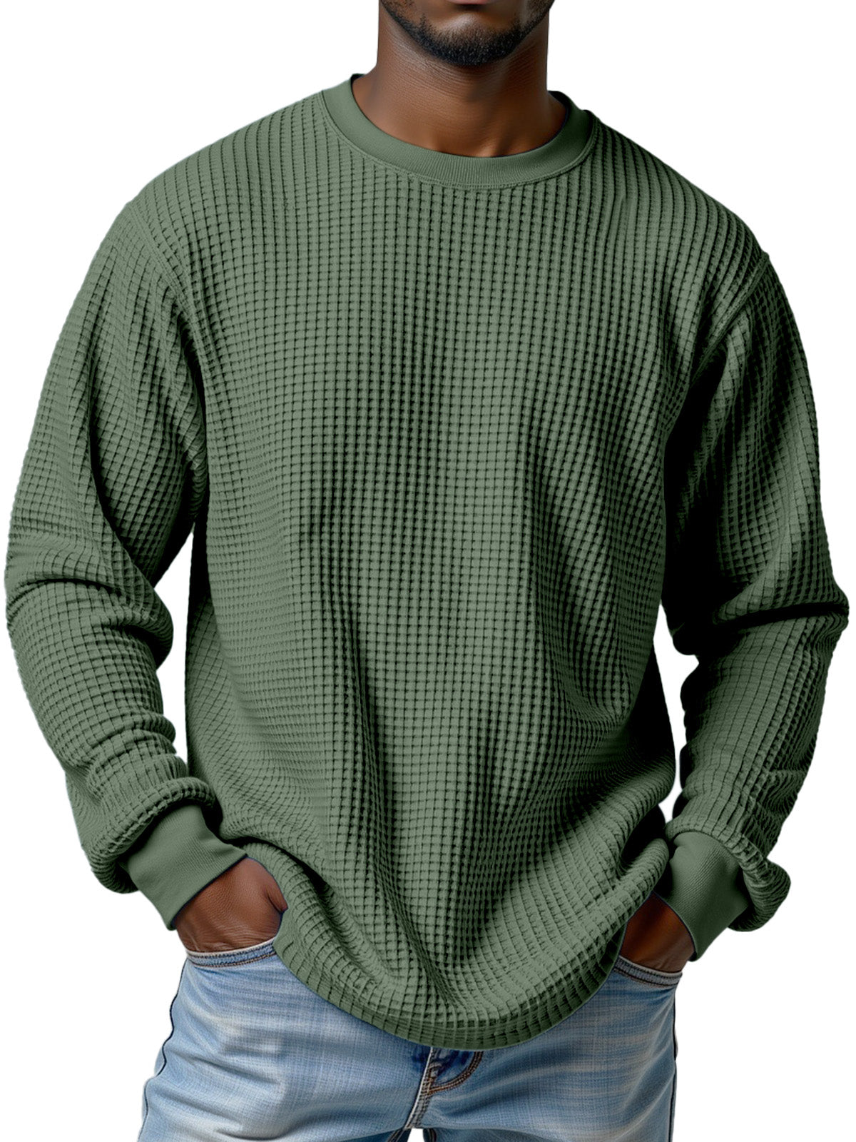 Men's Casual Solid Color Waffle Round Neck Long Sleeve T-shirt