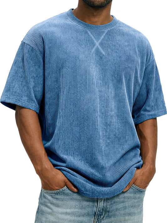 Men's Vintage Corduroy Short-sleeved T-shirt With Cross-stitch Design
