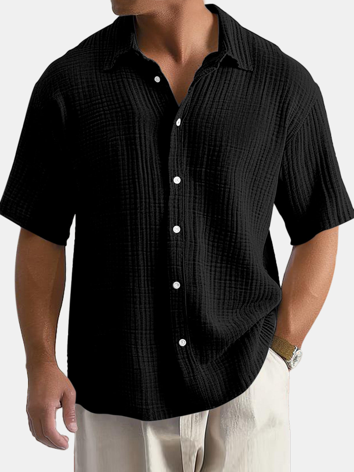 Men's Cotton Hawaiian Summer Comfortable Solid Color Short Sleeve Shirt