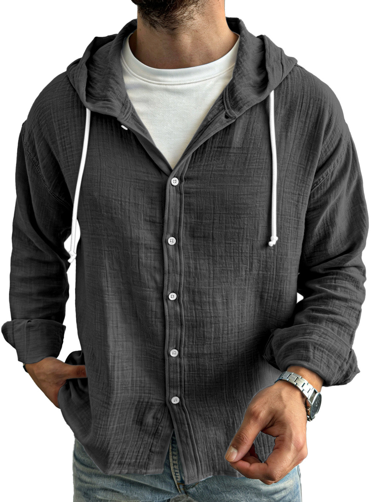 Men's simple casual comfortable loose buttoned hooded long sleeve shirt