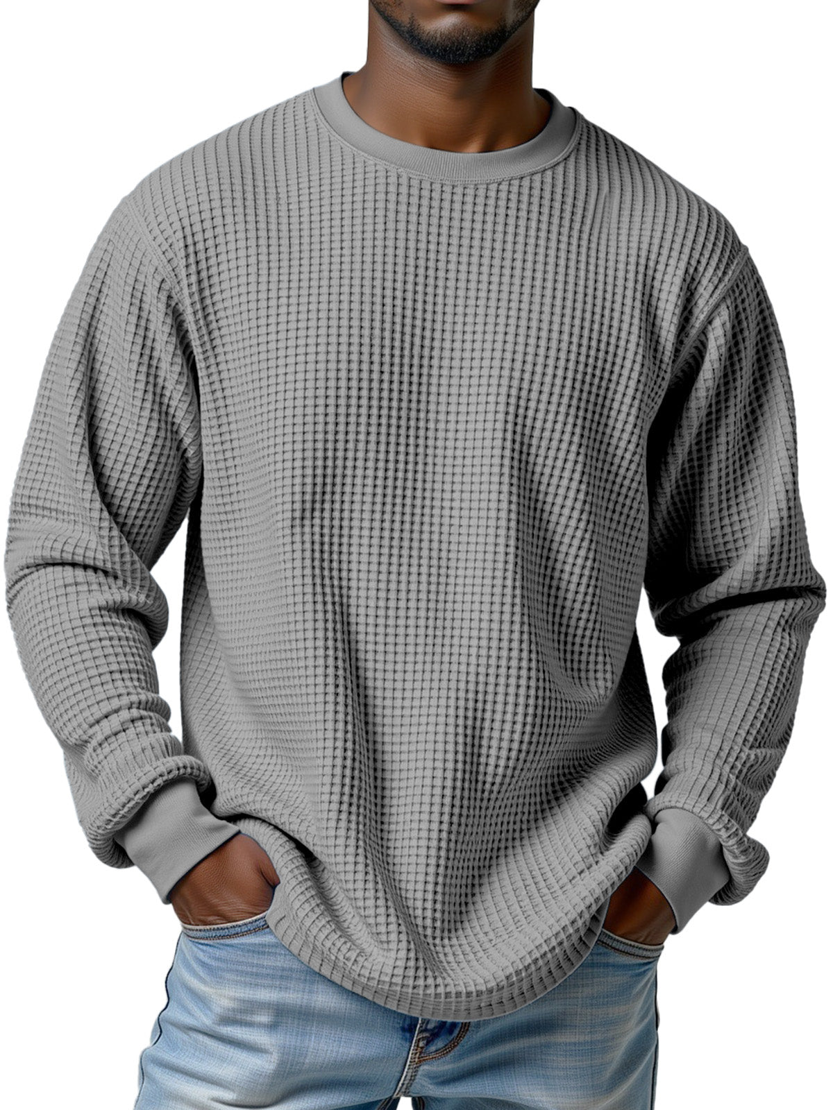 Men's Casual Solid Color Waffle Round Neck Long Sleeve T-shirt