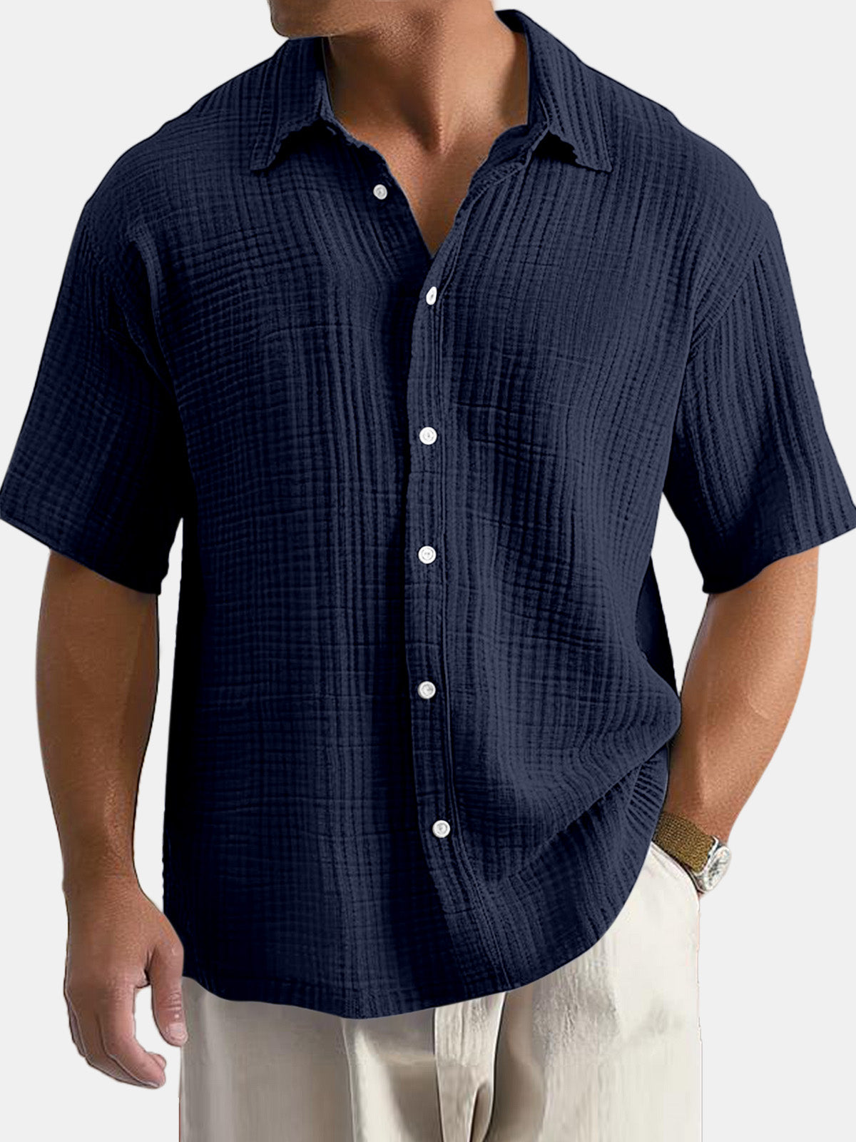 Men's Cotton Hawaiian Summer Comfortable Solid Color Short Sleeve Shirt