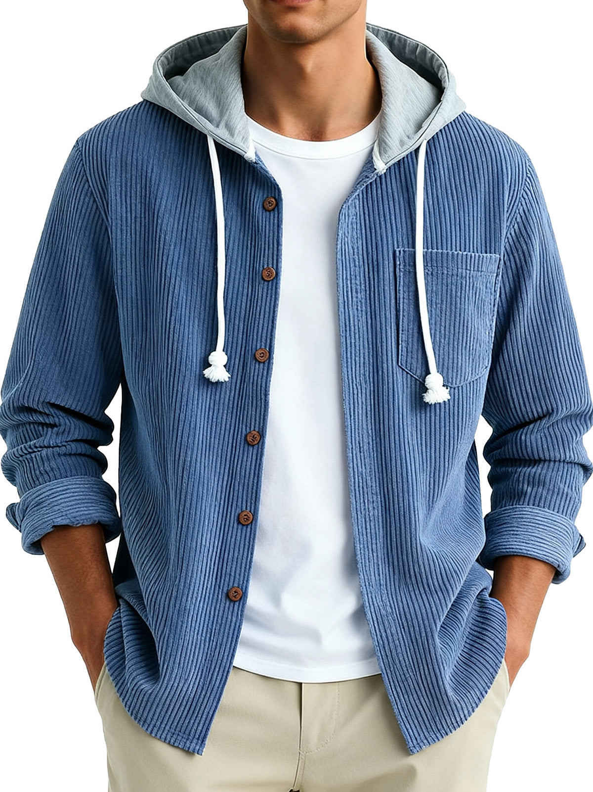  Men's Fashion Vintage Stitching Pit Strip Long Sleeve Pocket Hooded Shirt