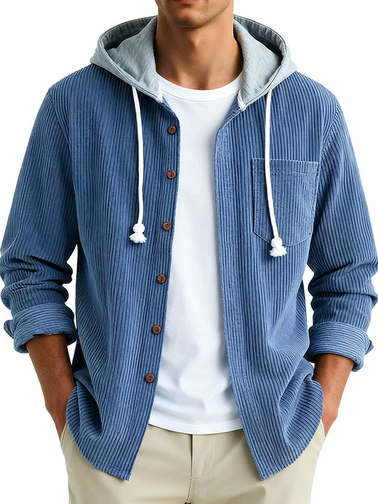  Men's Fashion Vintage Stitching Pit Strip Long Sleeve Pocket Hooded Shirt
