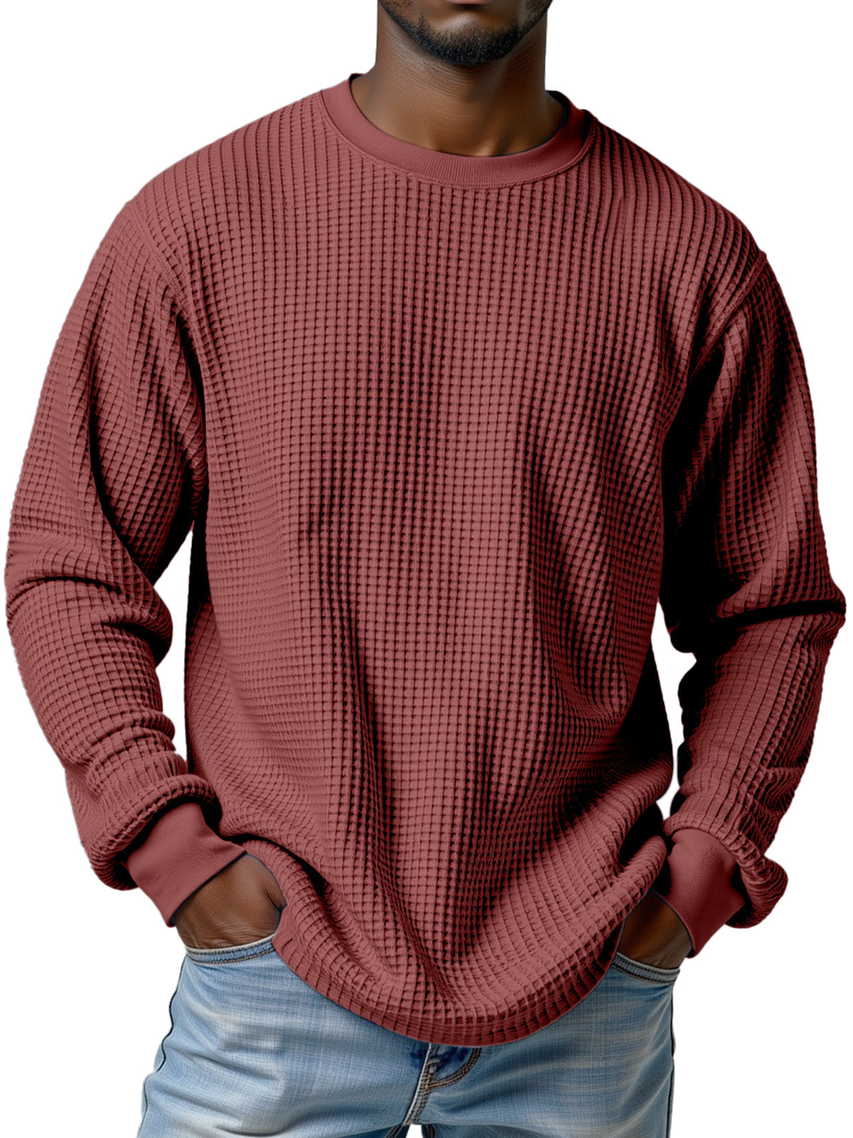 Men's Casual Solid Color Waffle Round Neck Long Sleeve T-shirt