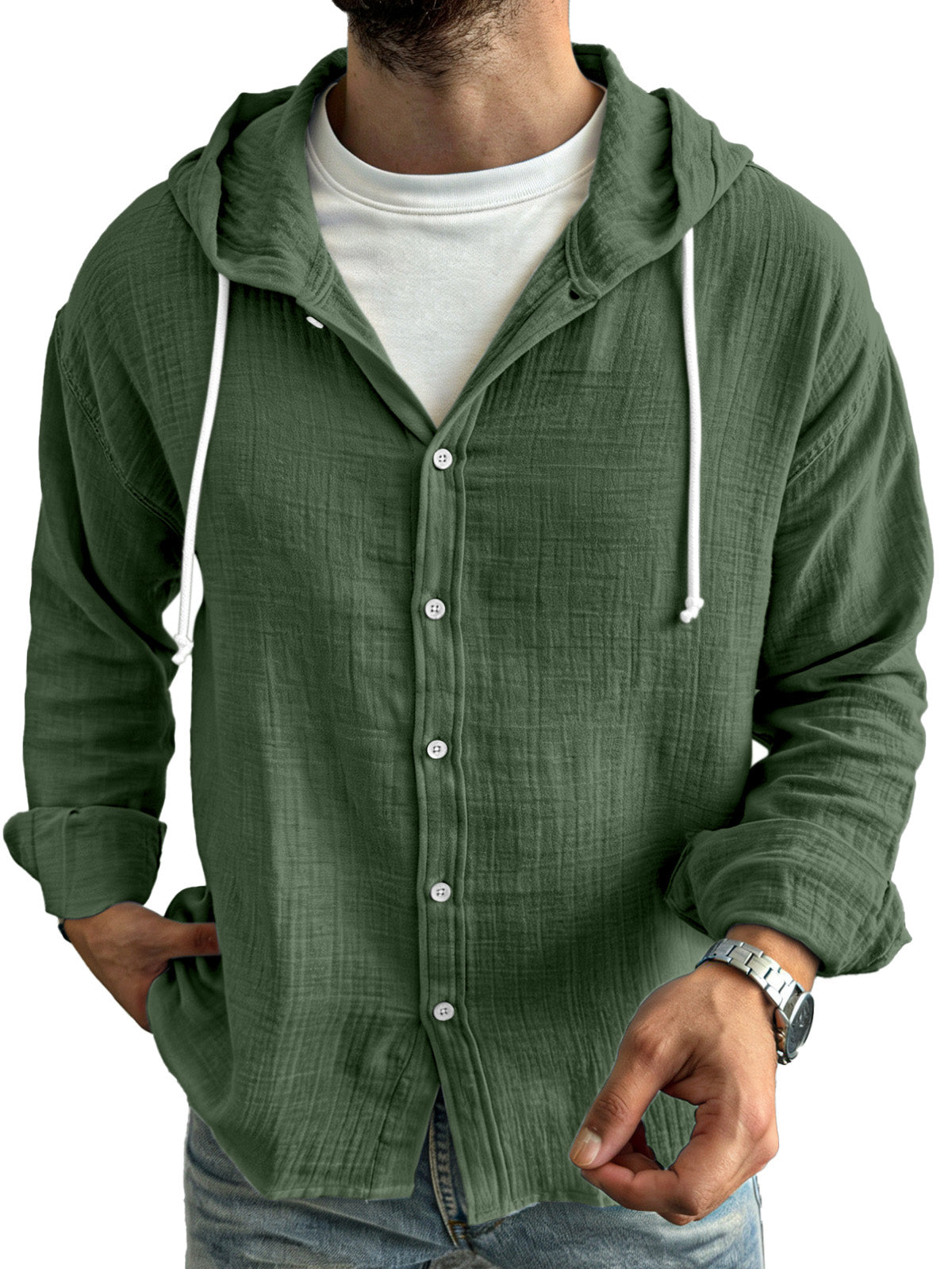 Men's simple casual comfortable loose buttoned hooded long sleeve shirt