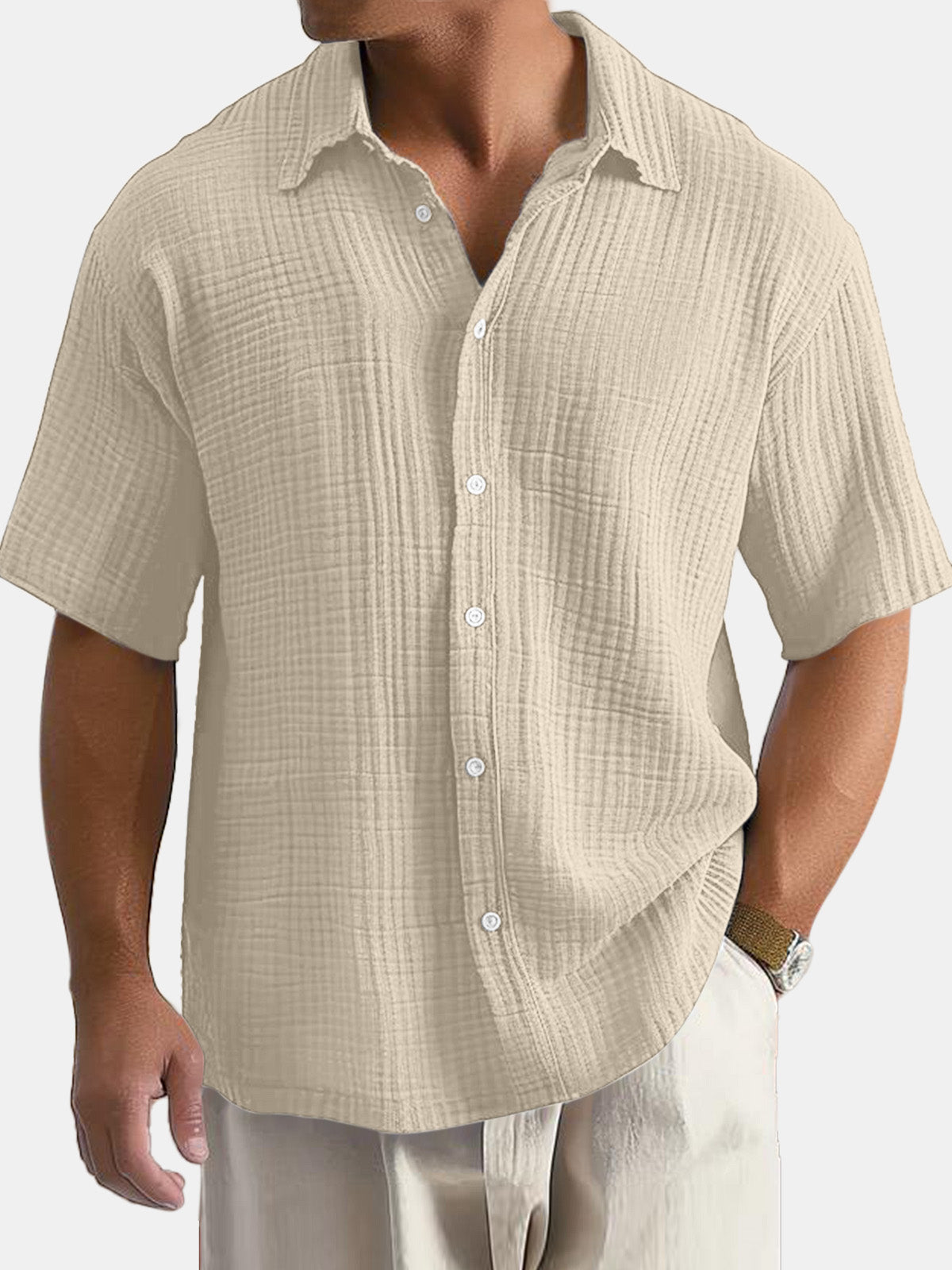 Men's Cotton Hawaiian Summer Comfortable Solid Color Short Sleeve Shirt