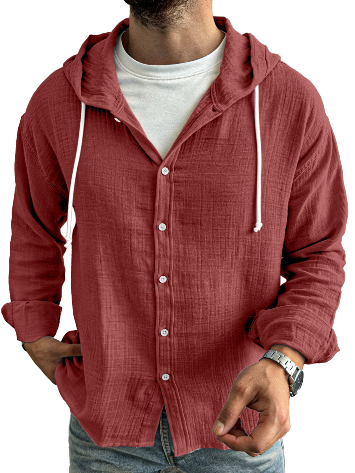 Men's simple casual comfortable loose buttoned hooded long sleeve shirt