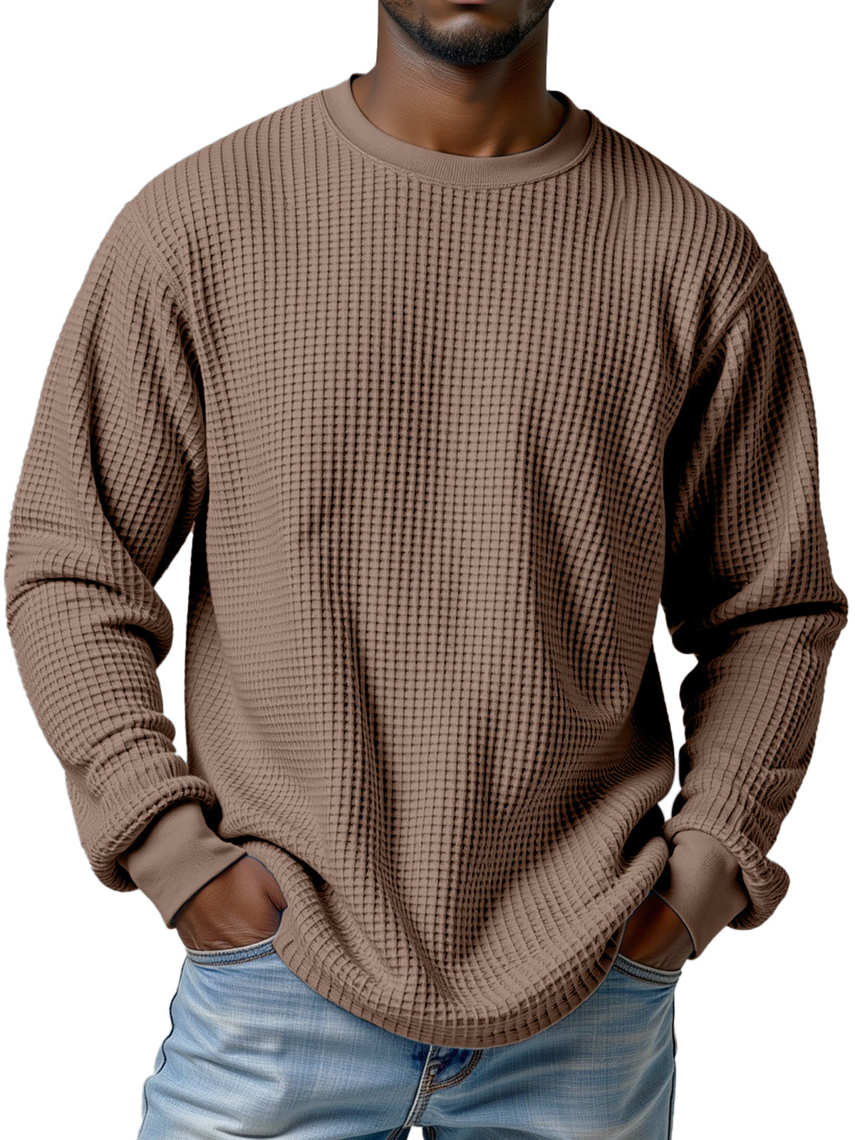 Men's Casual Solid Color Waffle Round Neck Long Sleeve T-shirt