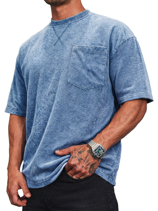 Men's Corduroy Crew Neck Short-sleeved T-shirt With A Crossover Design
