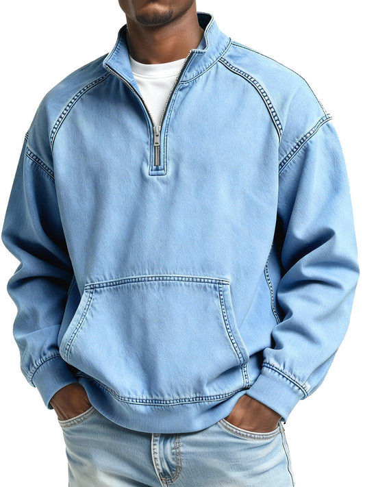 Men's Fashionable Retro Stand Collar Raglan Pocket Long Sleeve Top